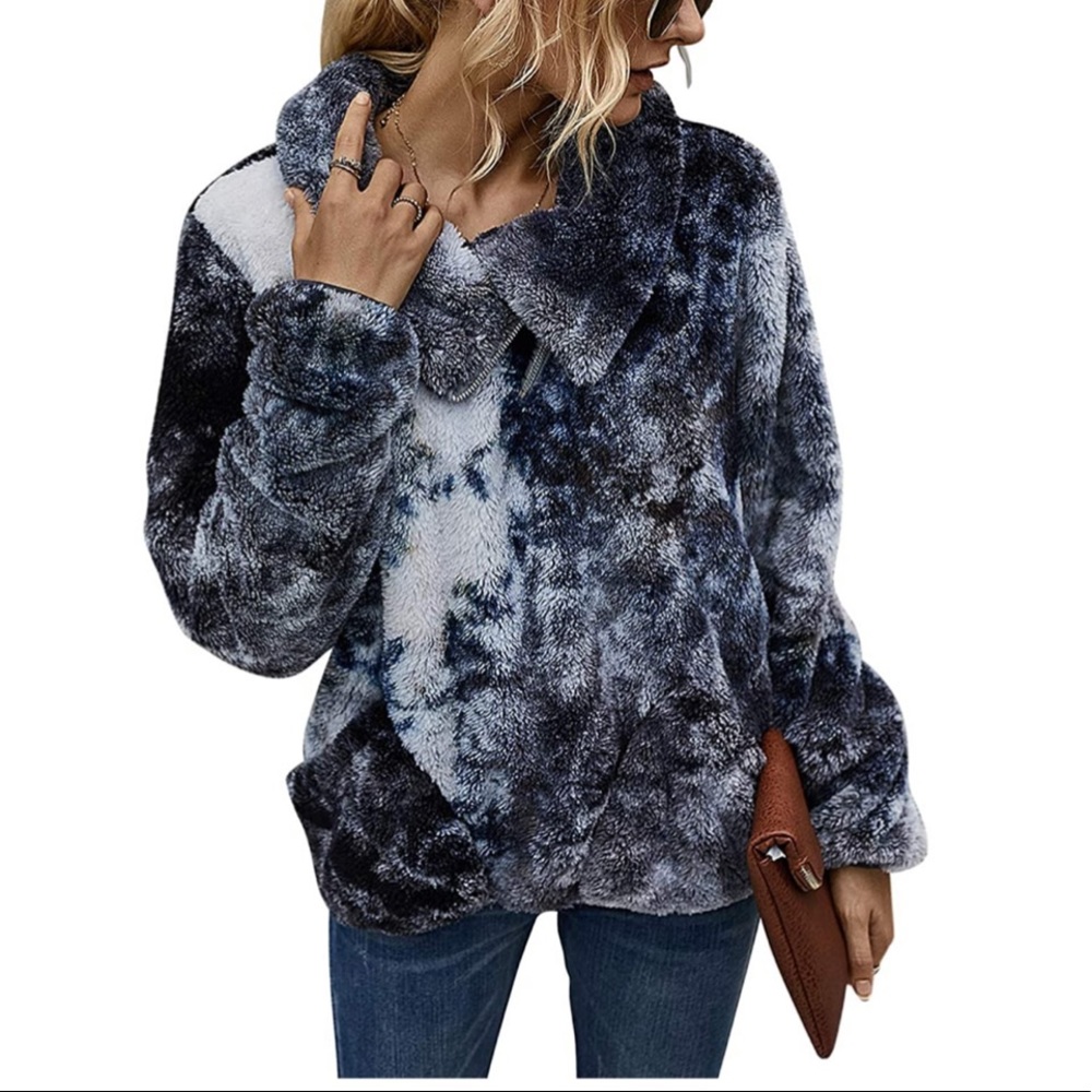 Tie Dye-Black Faux Shearling Shaggy Warm Pullover - Picture 1 of 6